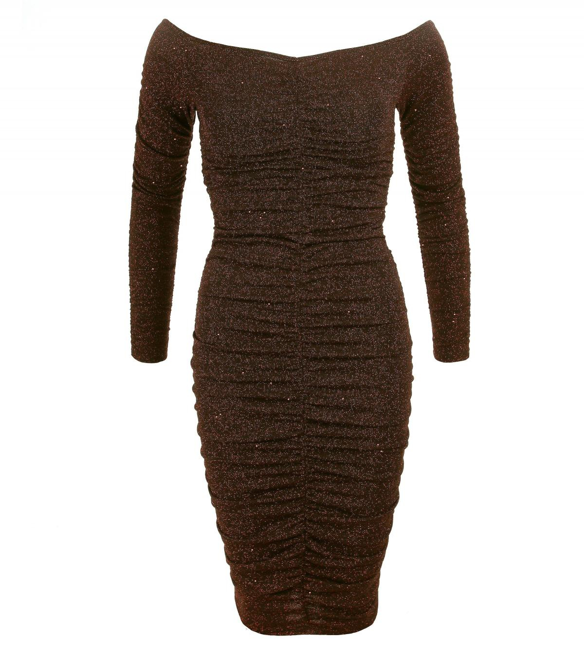 Bronze Sparkle Off the Shoulder Ruched Dress
