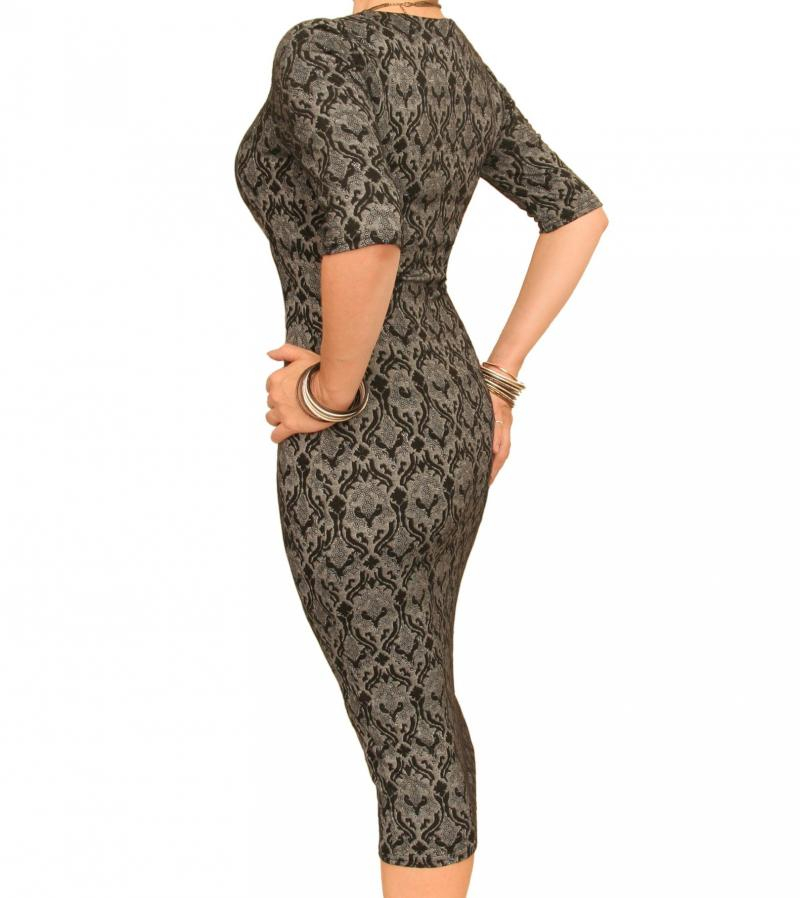 Grey and Black Print Stretch Pencil Dress