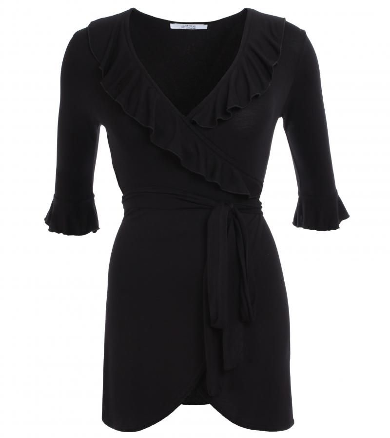 Black Ruffled Wrap Top