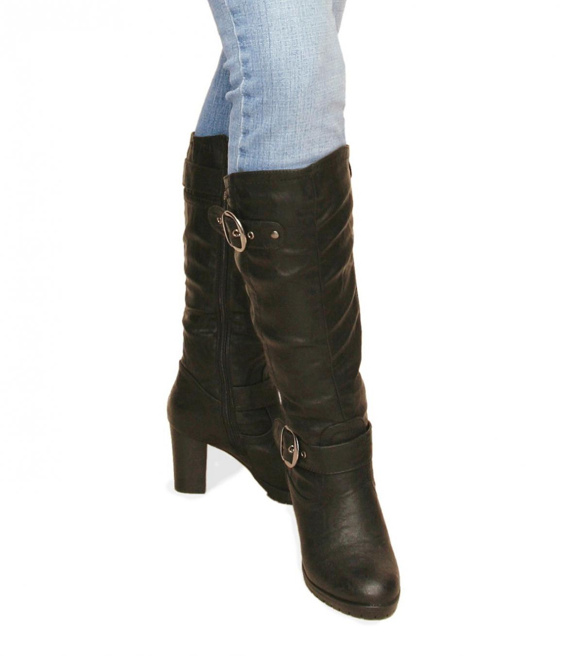 Black Biker Style Buckle Detail Boots