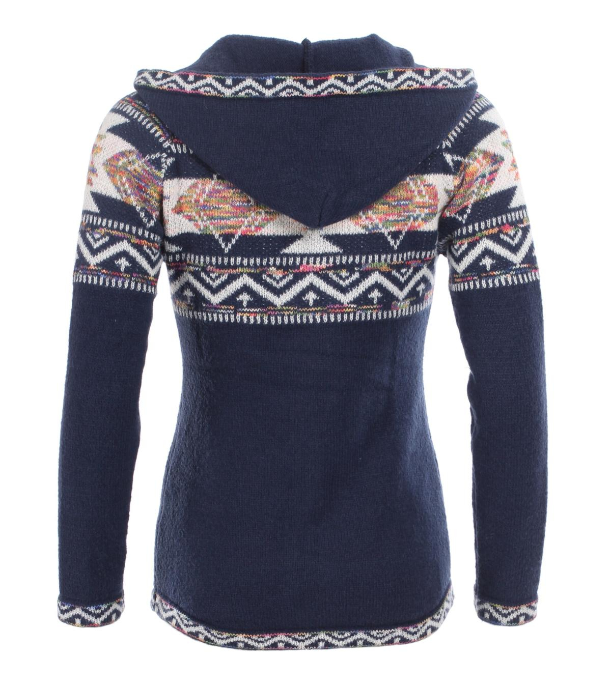 Navy Blue Aztec Zip up Hooded Cardigan
