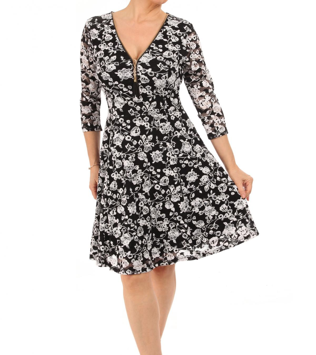 Black and White Lace Zip up Skater Dress