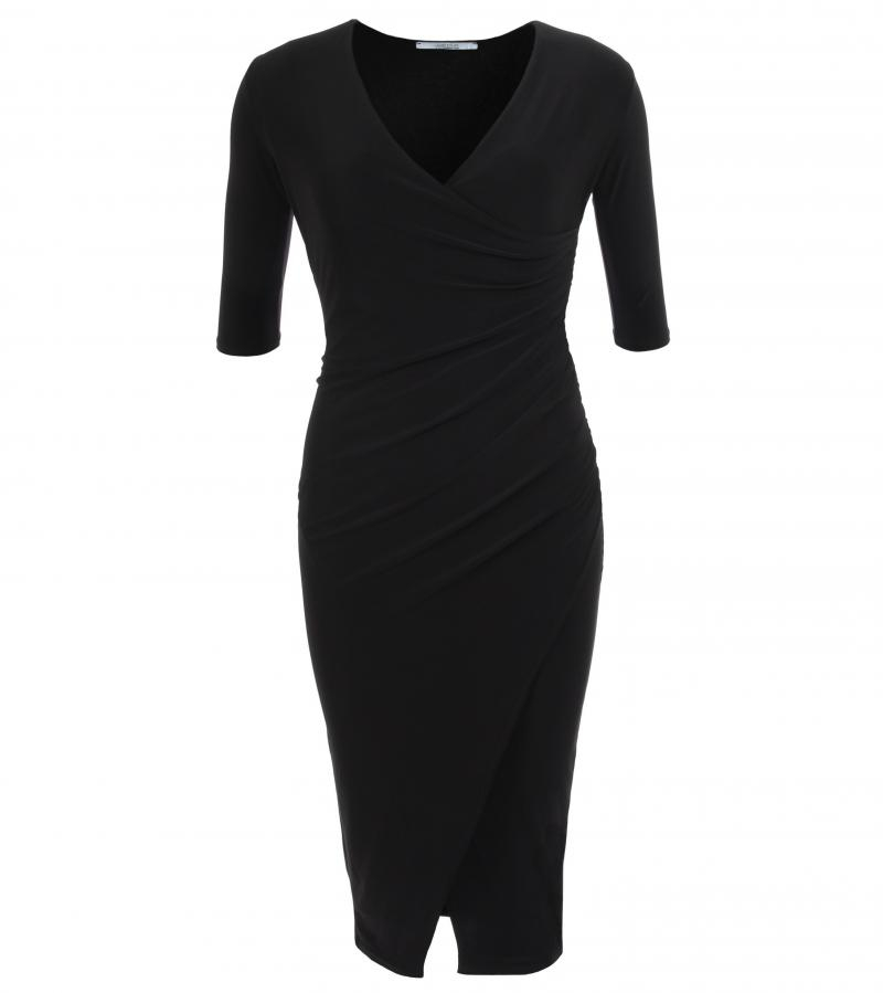 Black Three Quarter Sleeve Mock Wrap Dress