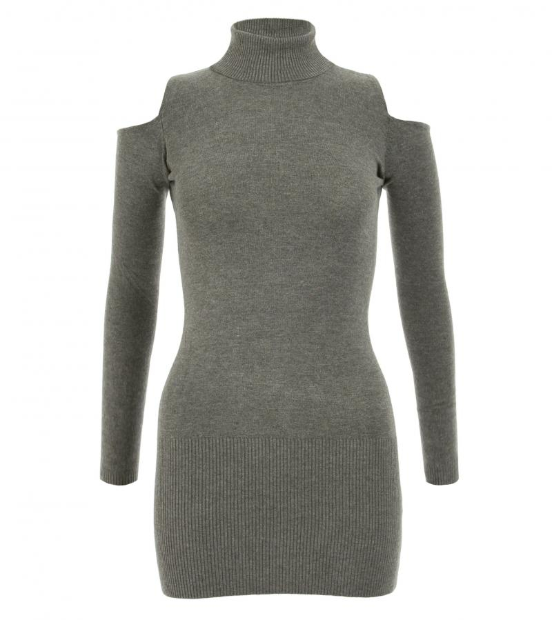 Grey Cold Shoulder Polo Neck Jumper