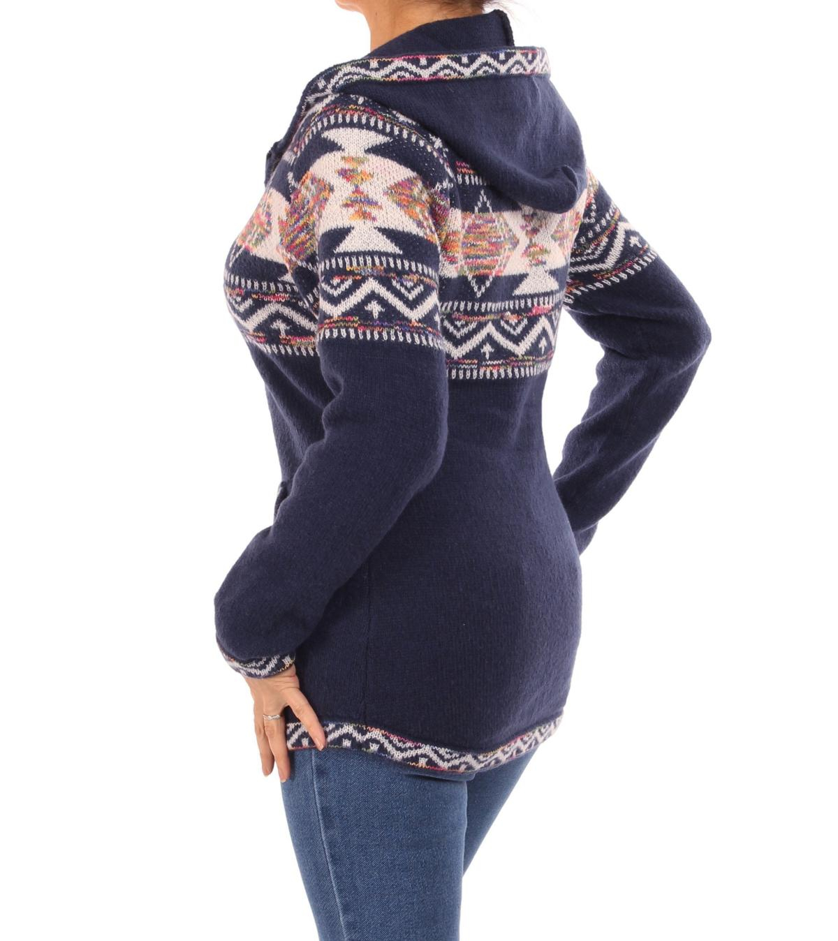 Navy Blue Aztec Zip up Hooded Cardigan