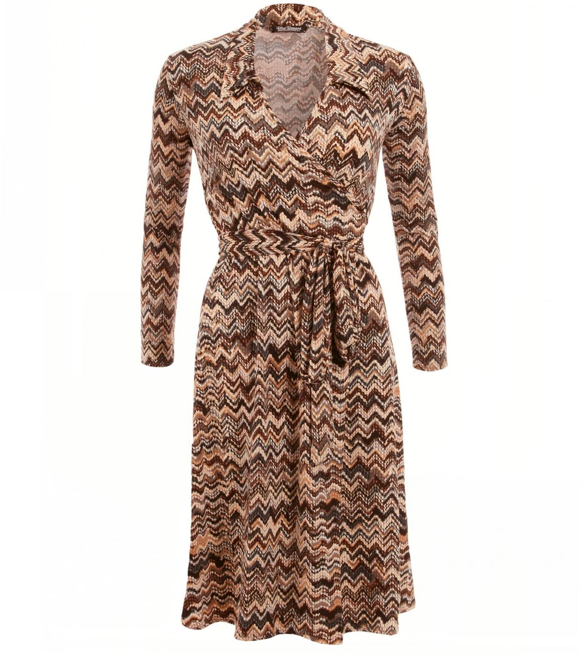 Brown Zig Zag Print Wrap Dress