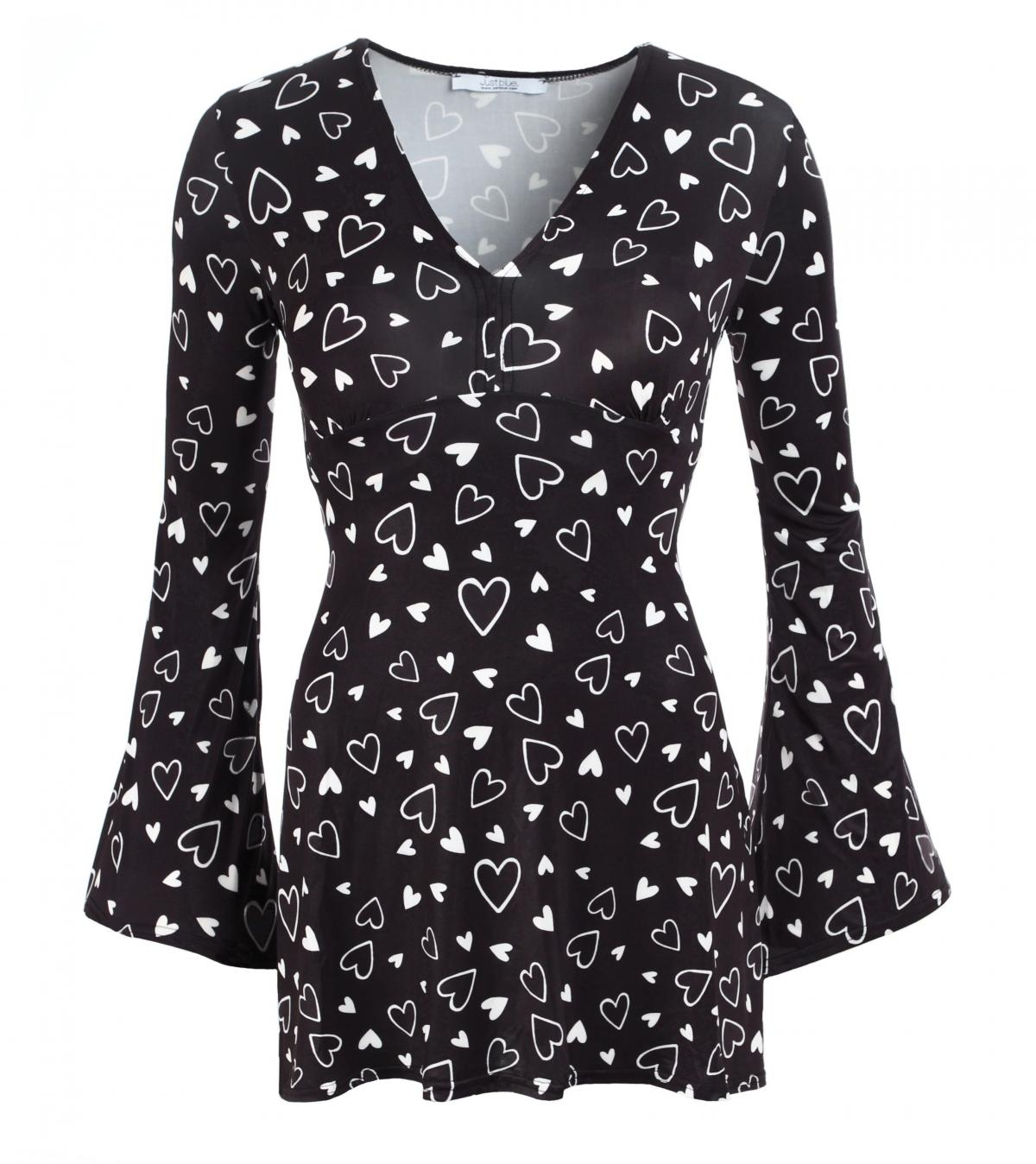 Black Heart Print Bell Sleeve Tunic Top