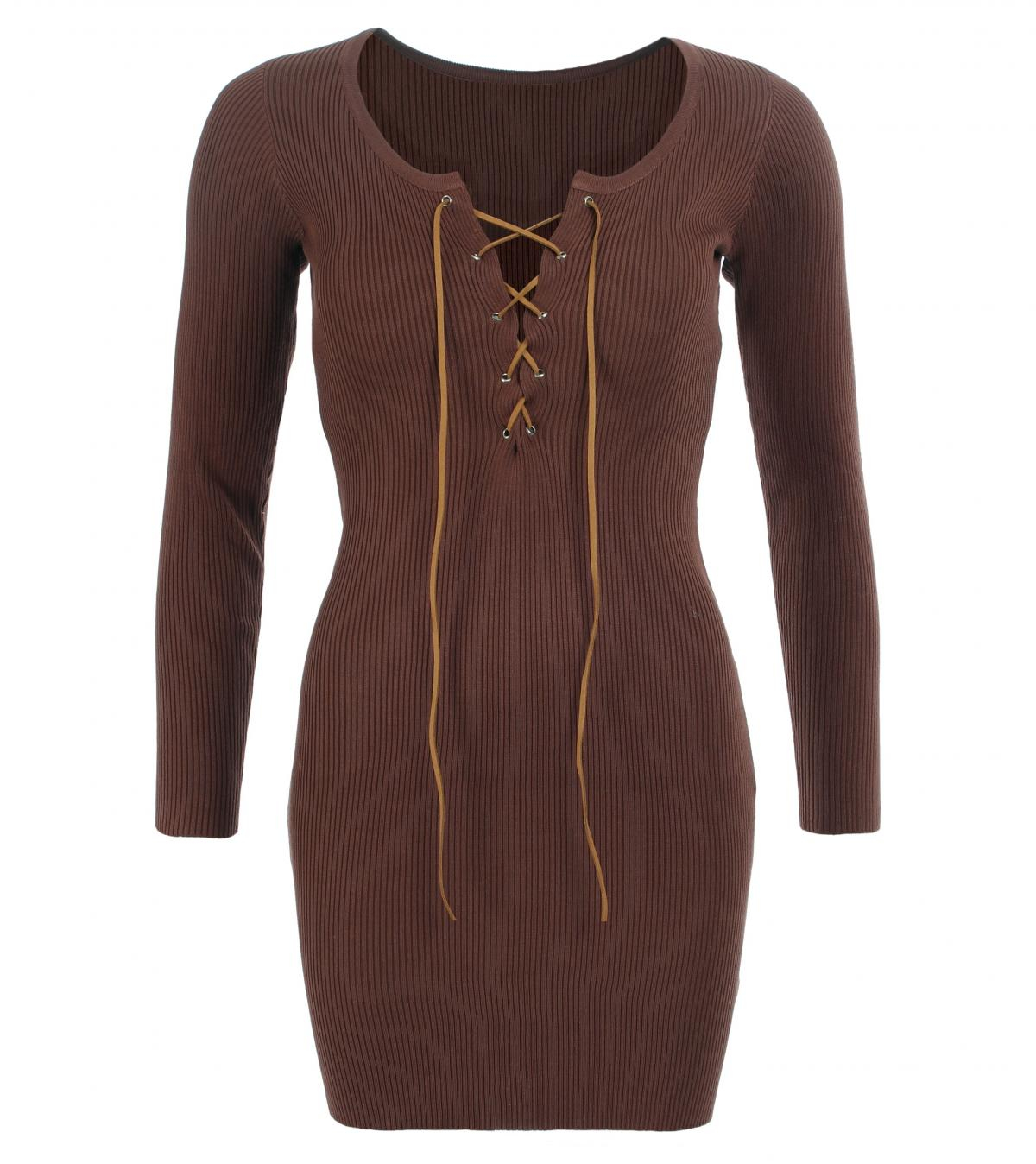 Brown Lace up Ribbed Jumper