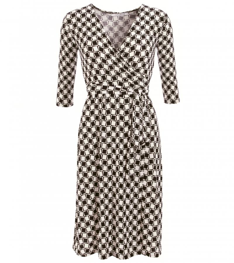 Black and Ivory Print Wrap Dress