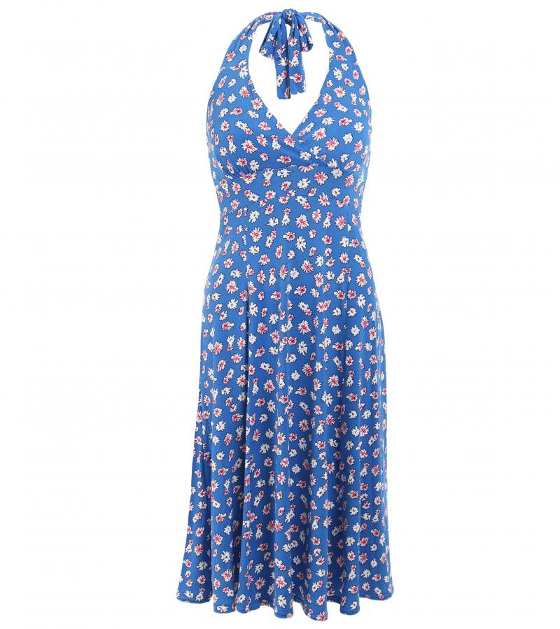 Blue Daisy Print Floral Halter Neck Dress