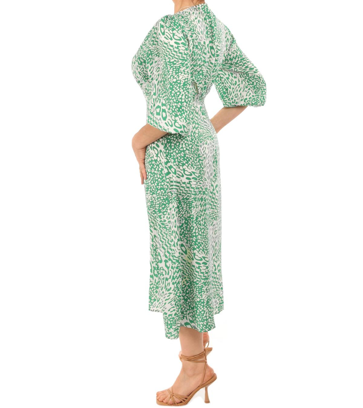 Green Print Puffed Sleeve Midi Dress