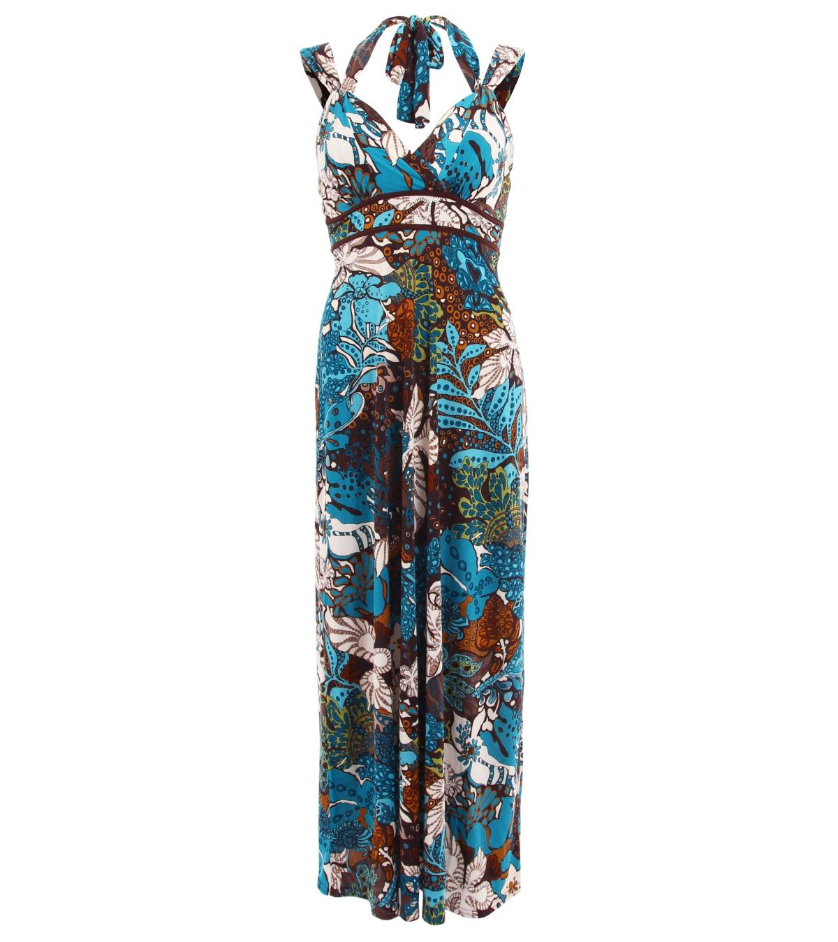 Turquoise and Brown Print Maxi Dress