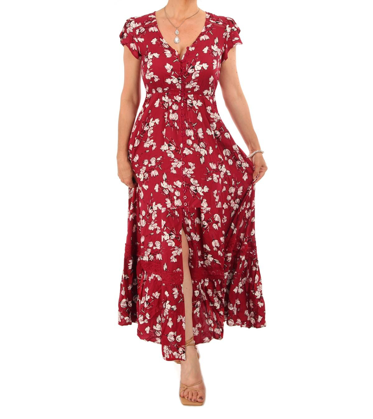 Red and White Floral Print Button Through Maxi Dress