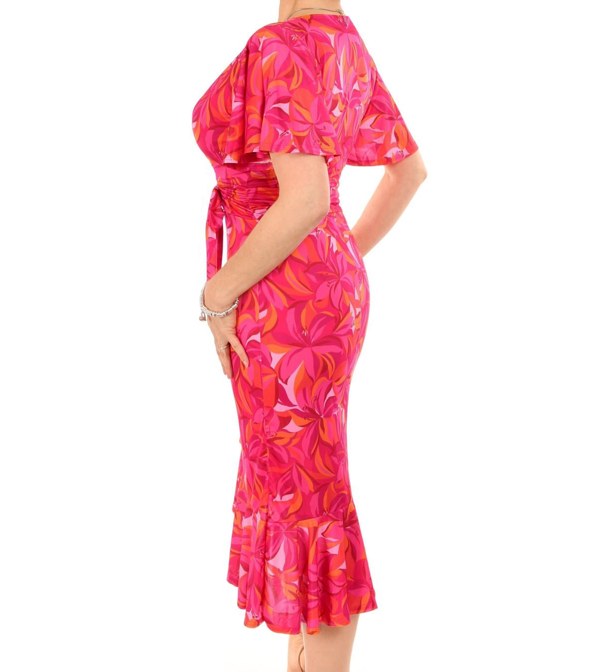 Pink and Orange Print Flutter Sleeve Ruffle Dress