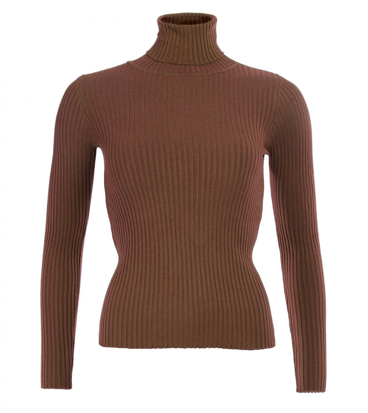 Brown Ribbed Polo Neck Clingy Jumper
