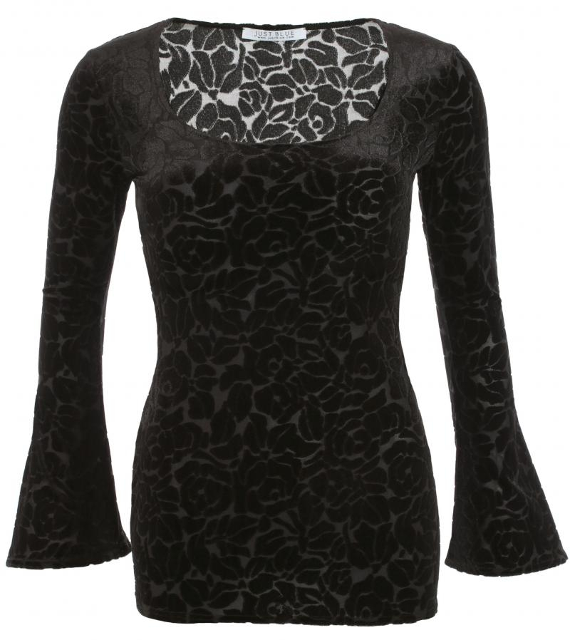 Black Velour Burn Out Bell Sleeve Top