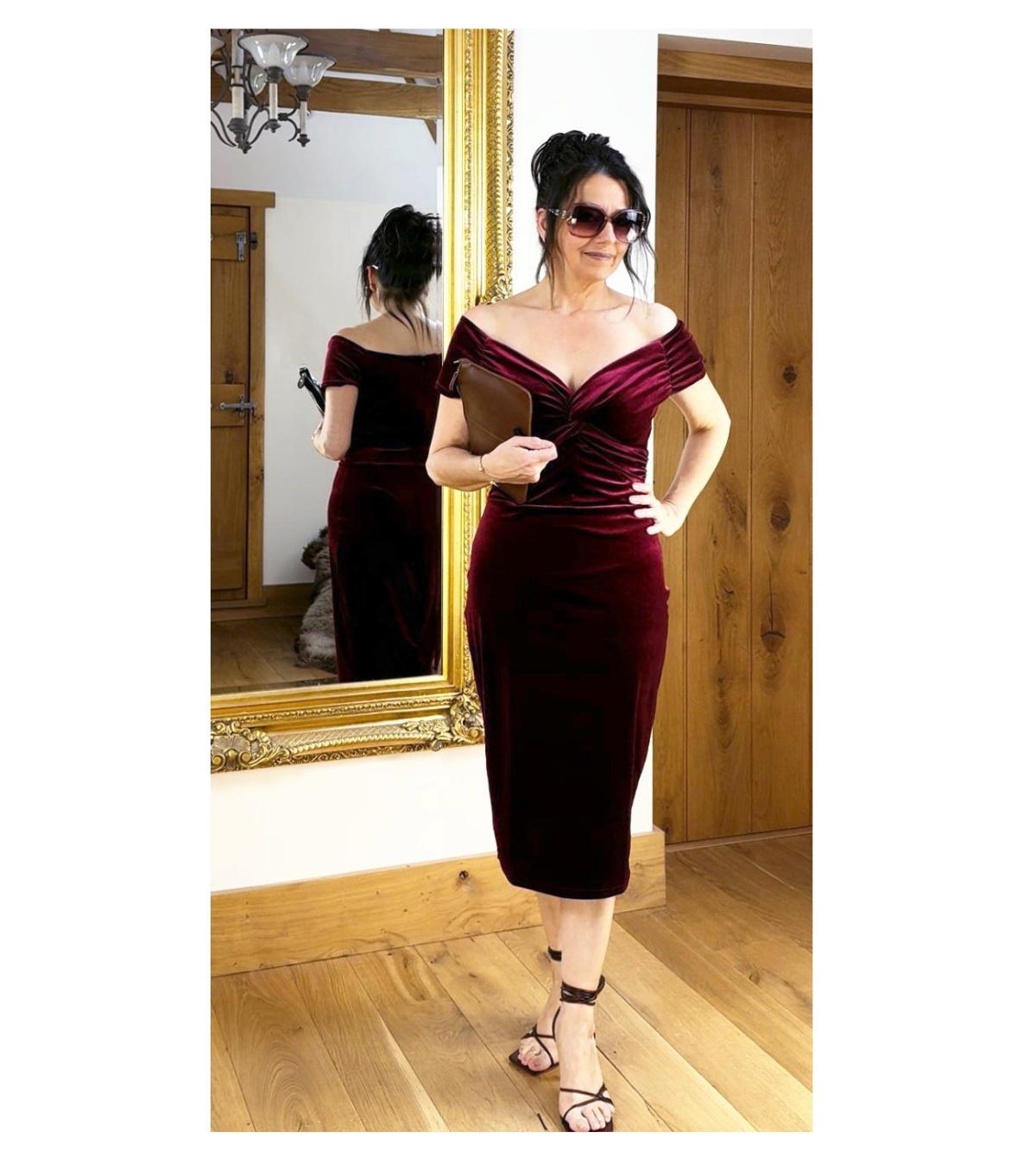 Wine Velour Bardot Dress