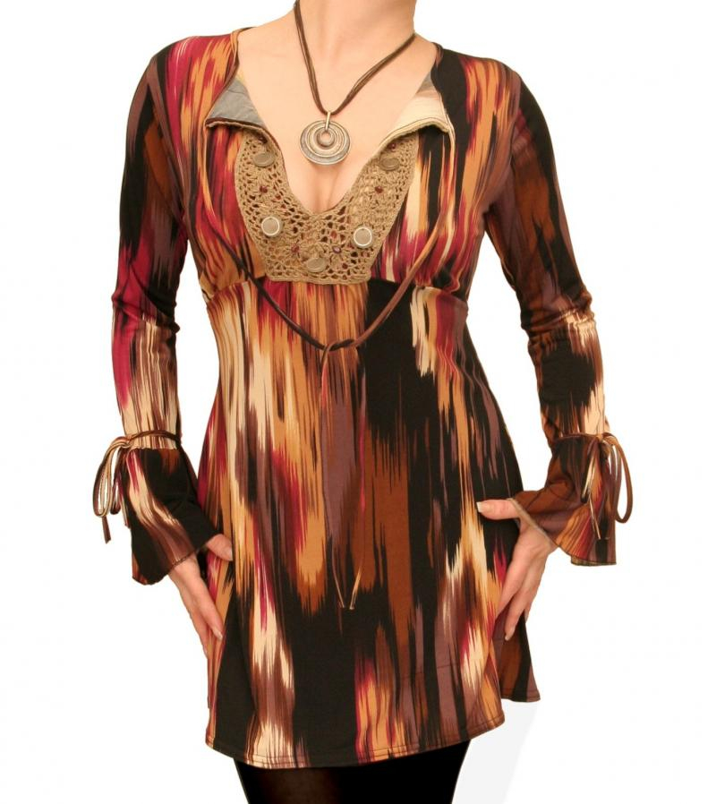 Brown and Gold Coin Trim Tunic Top