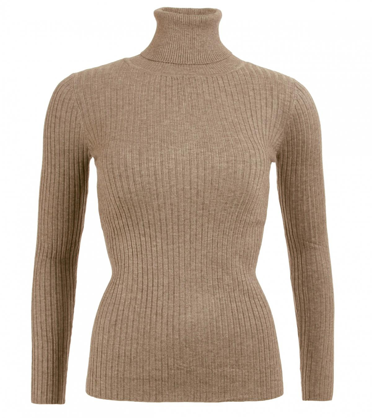 Mocha Ribbed Polo Neck Clingy Jumper