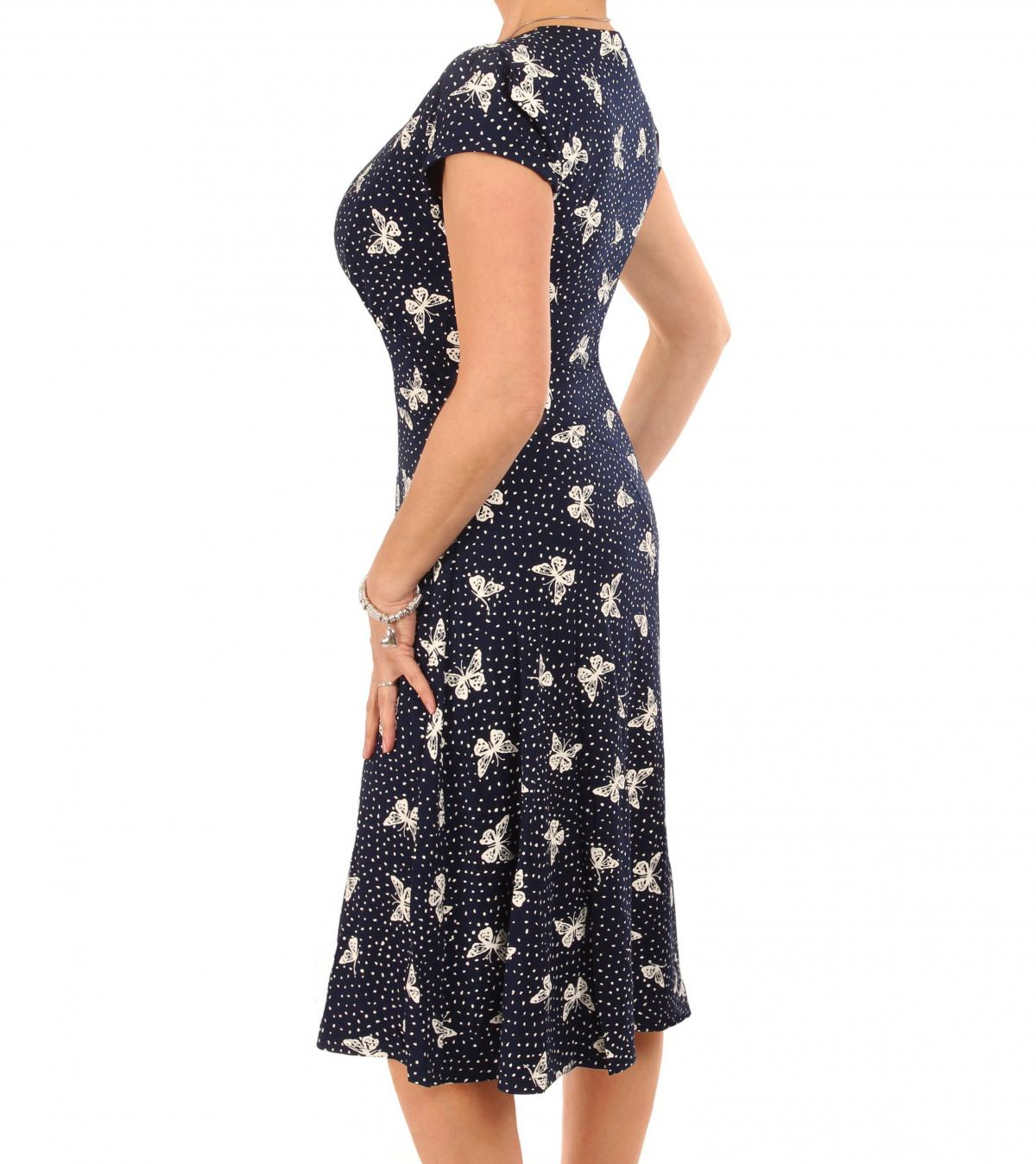 Navy Blue Butterfly Print Fit and Flare Dress 