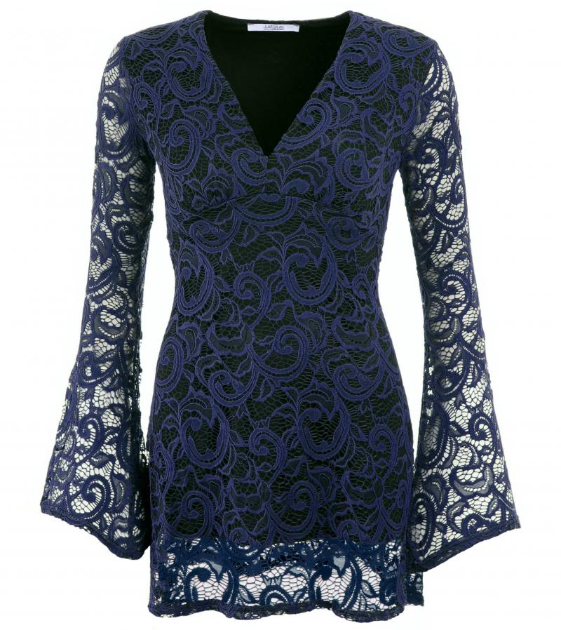 Navy Blue Crochet Lace Bell Sleeve Top