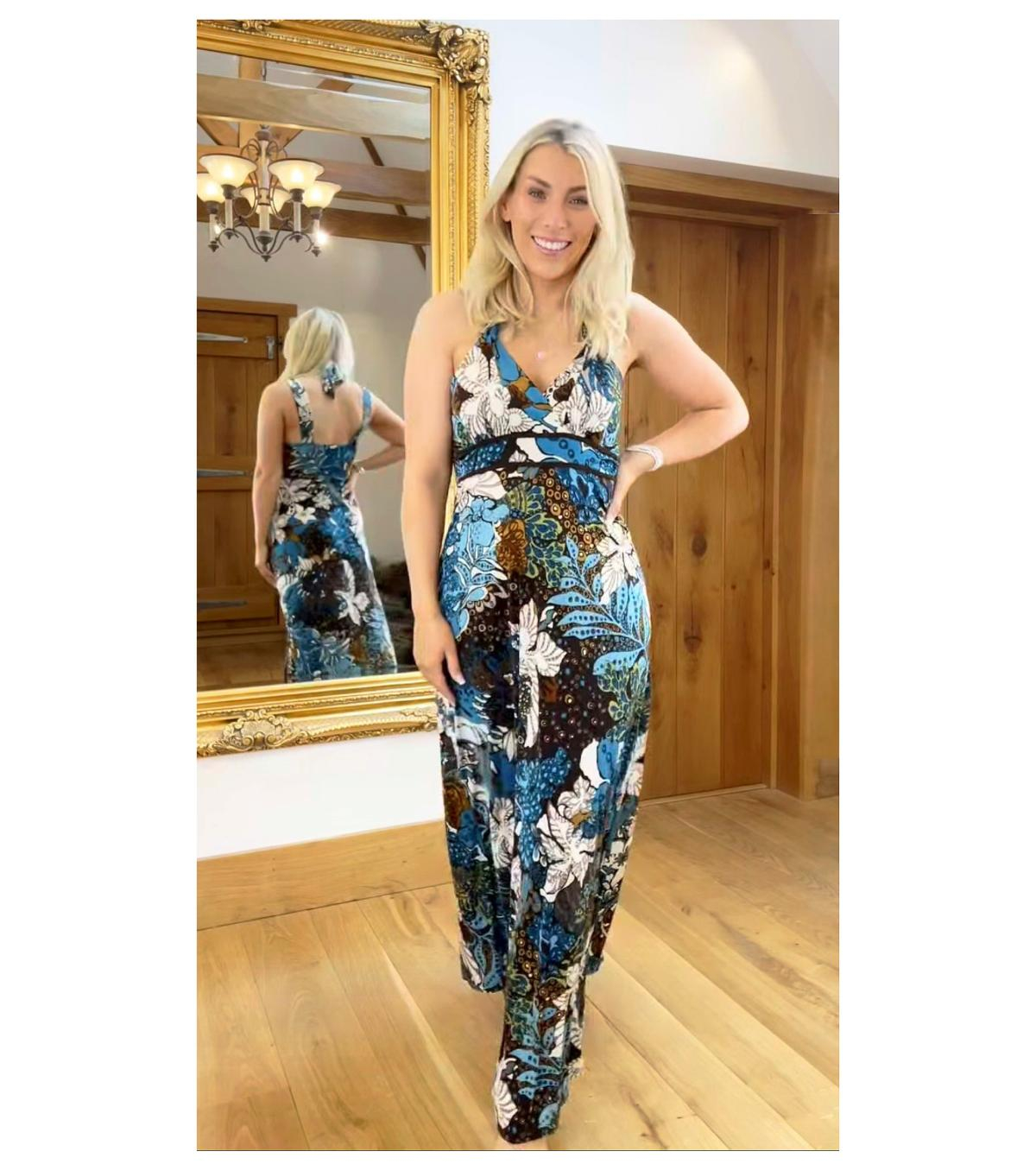 Turquoise and Brown Print Maxi Dress