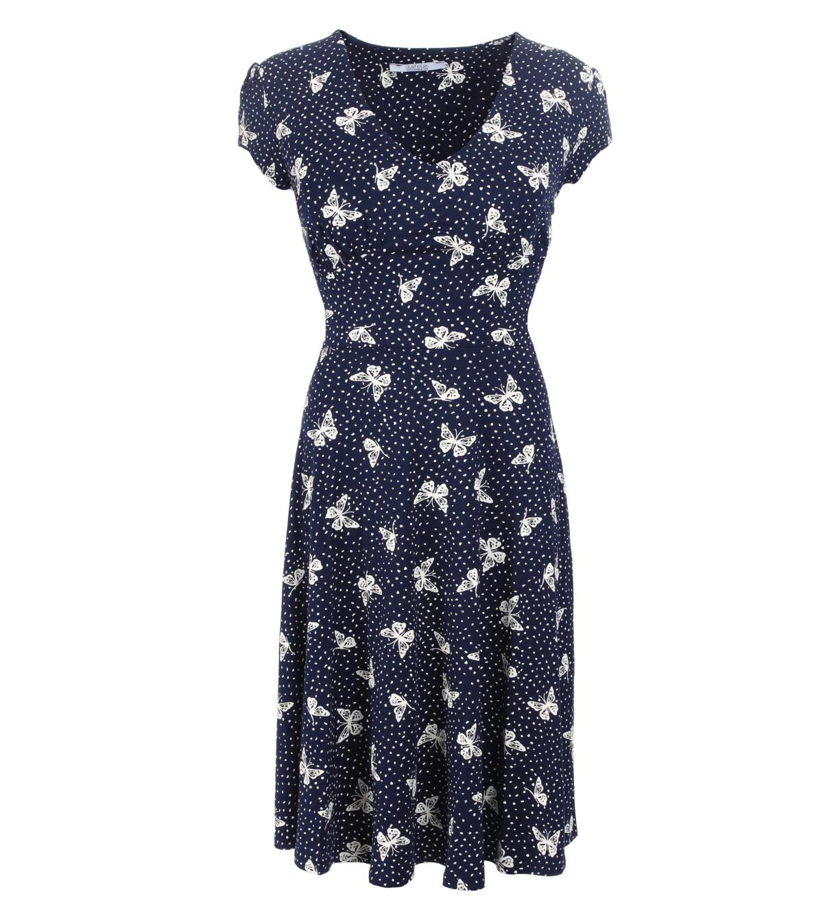 Navy Blue Butterfly Print Fit and Flare Dress 