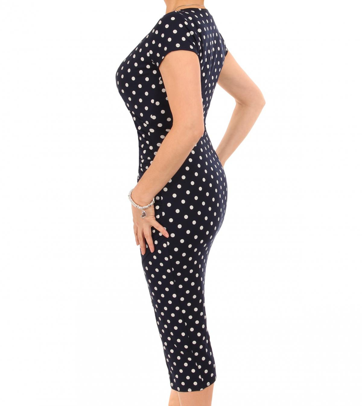 Navy Blue Spot Print Mock Wrap Dress