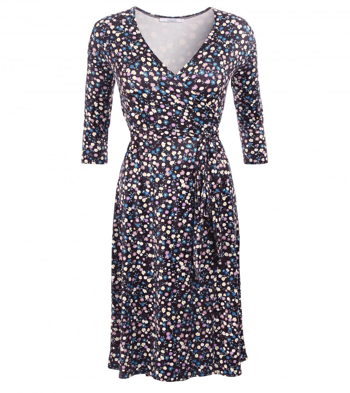 Black Ditsy Print Wrap Dress