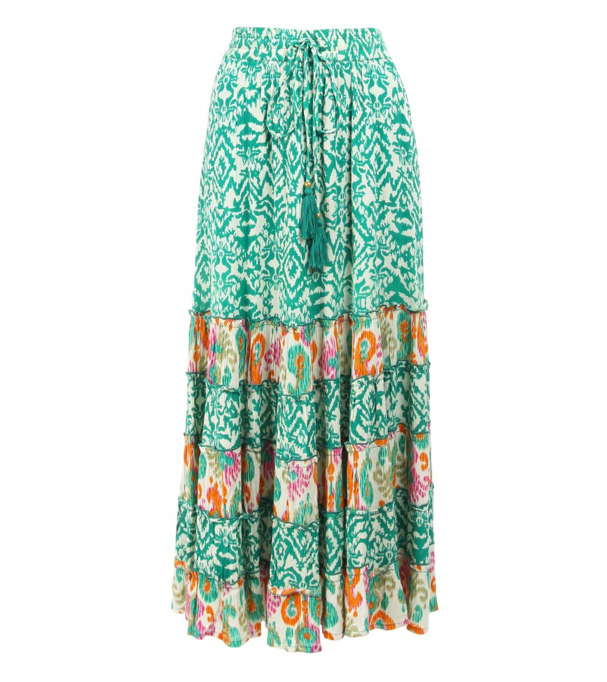 Green and Ivory Paisley Tiered Maxi Skirt