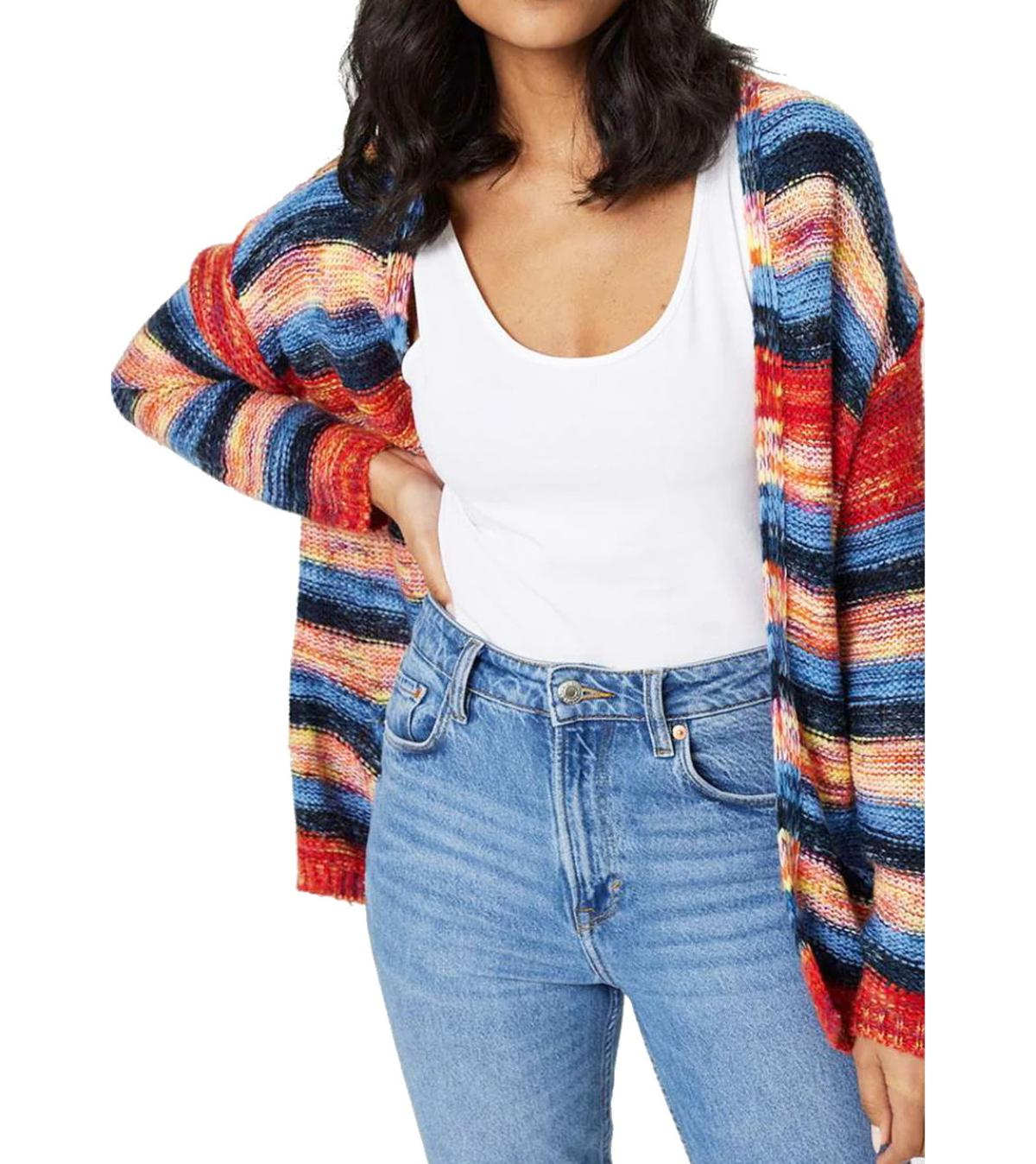 Red and Blue Mix Striped Open Cardigan