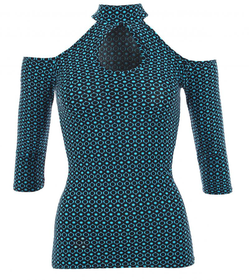 Black and Teal Print Cut Out Choker Top