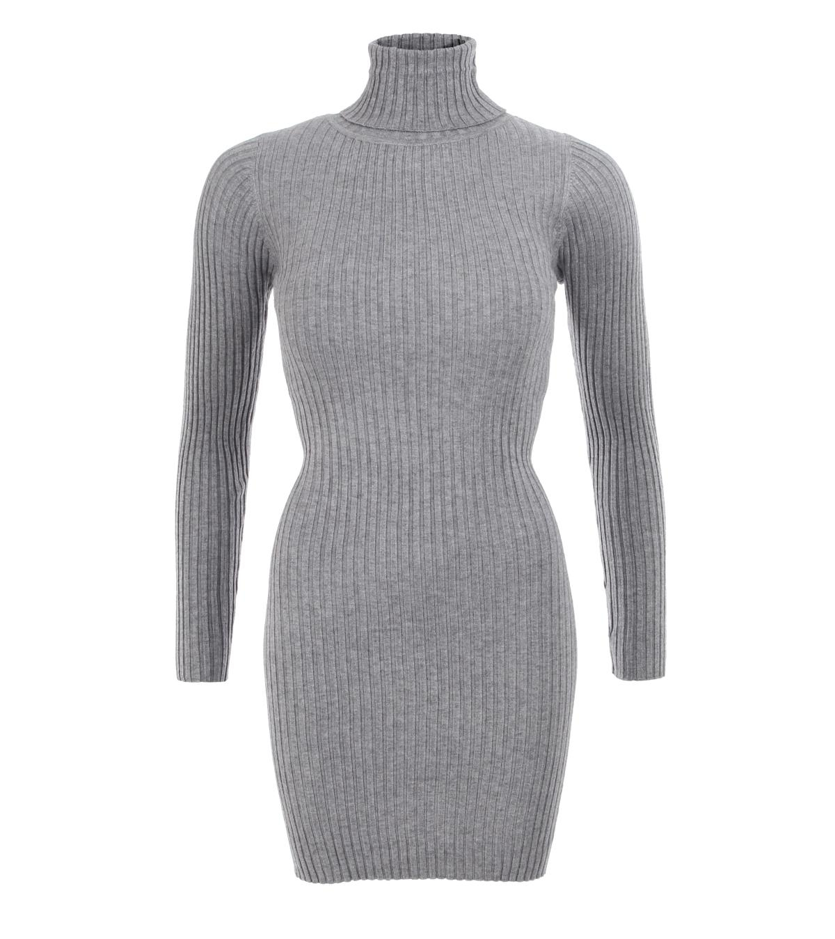 Grey Ribbed Polo Neck Long Jumper