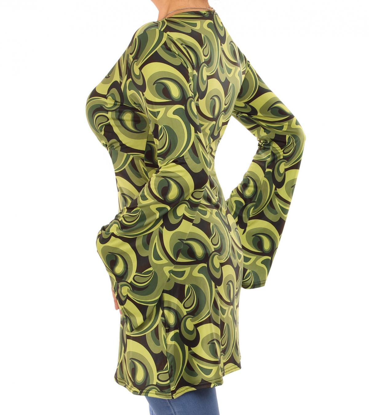 Green Retro Print Bell Sleeve Tunic Top
