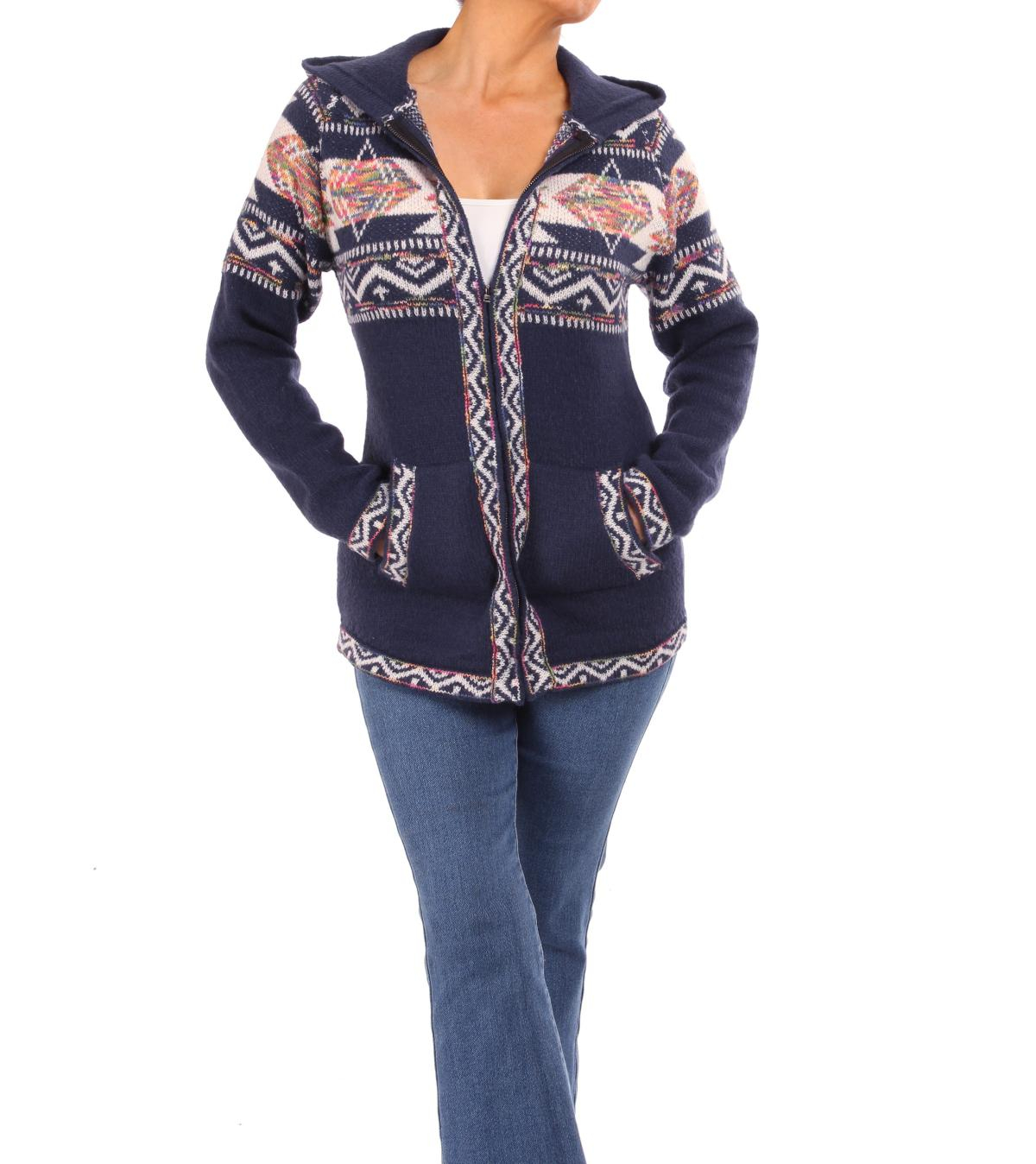 Navy Blue Aztec Zip up Hooded Cardigan