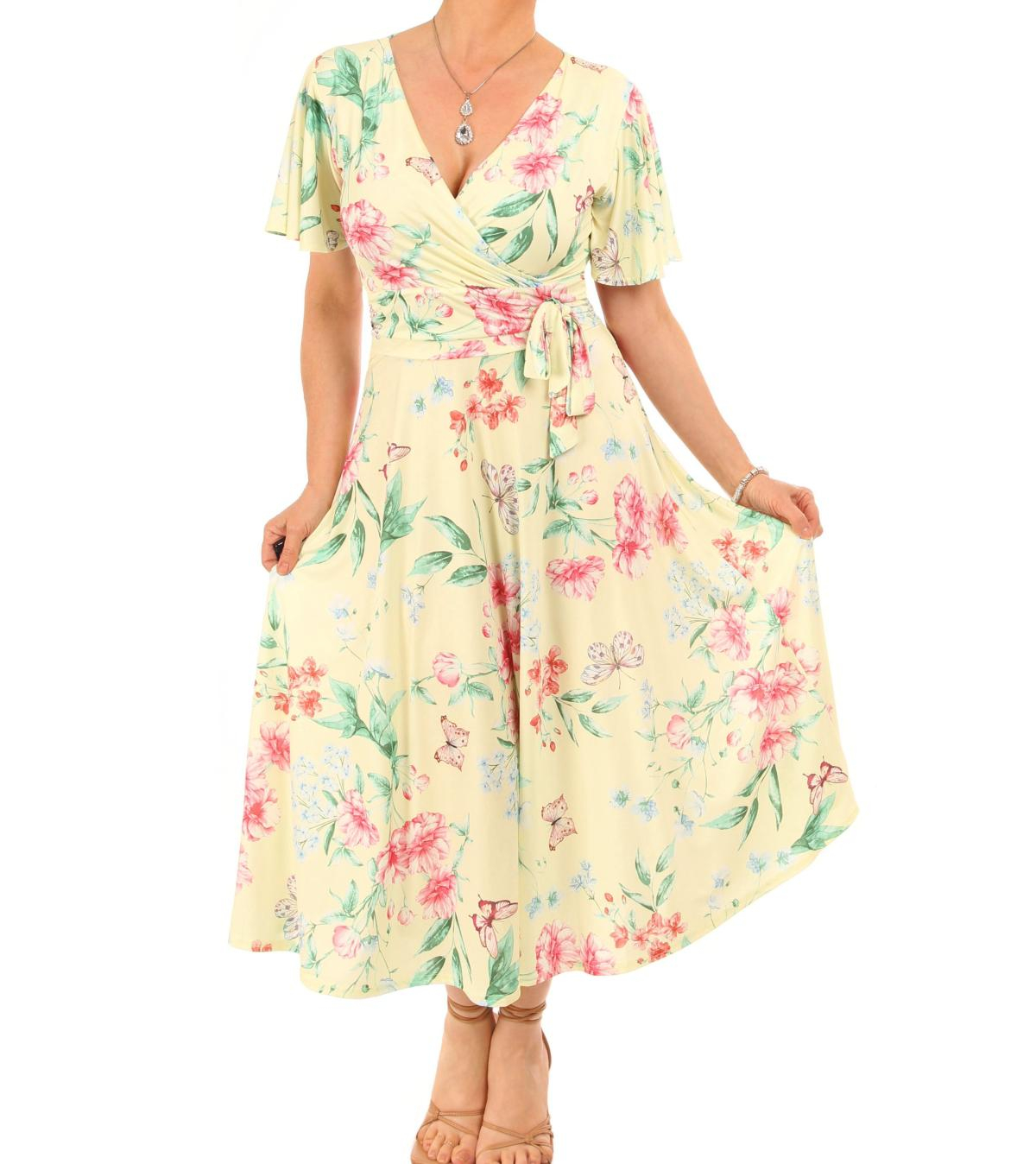 Lemon Floral Fit and Flare Flutter Sleeve Dress
