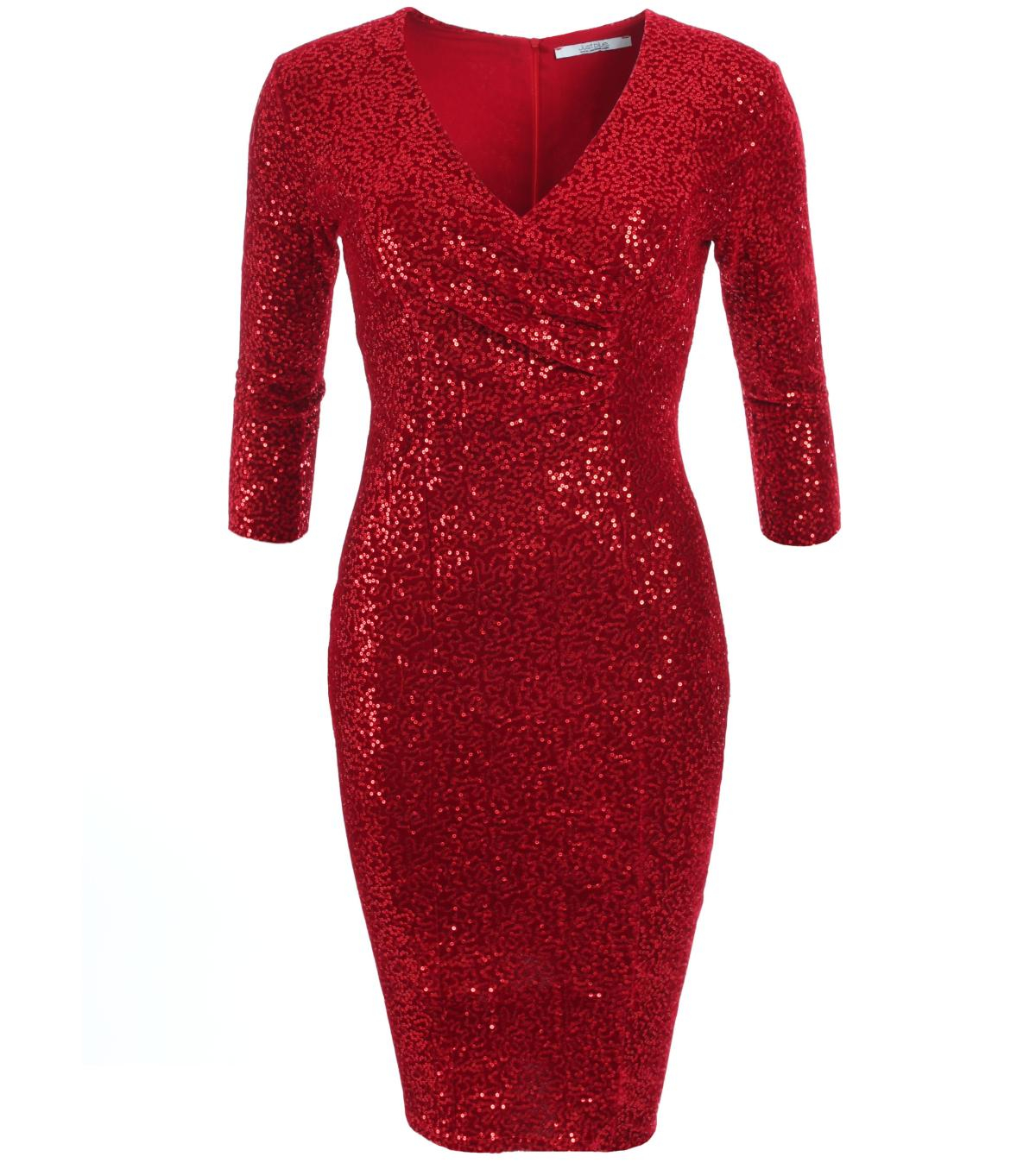 Red Velour Sequin Knee Length Dress