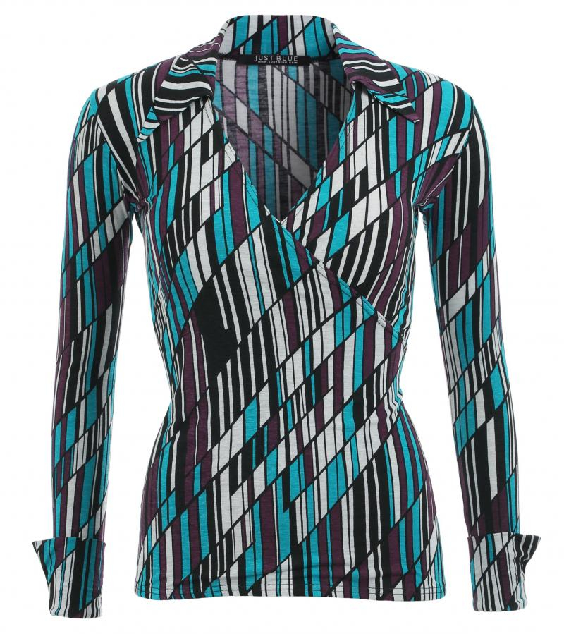 Teal and Purple Print Collared Stretchy Top