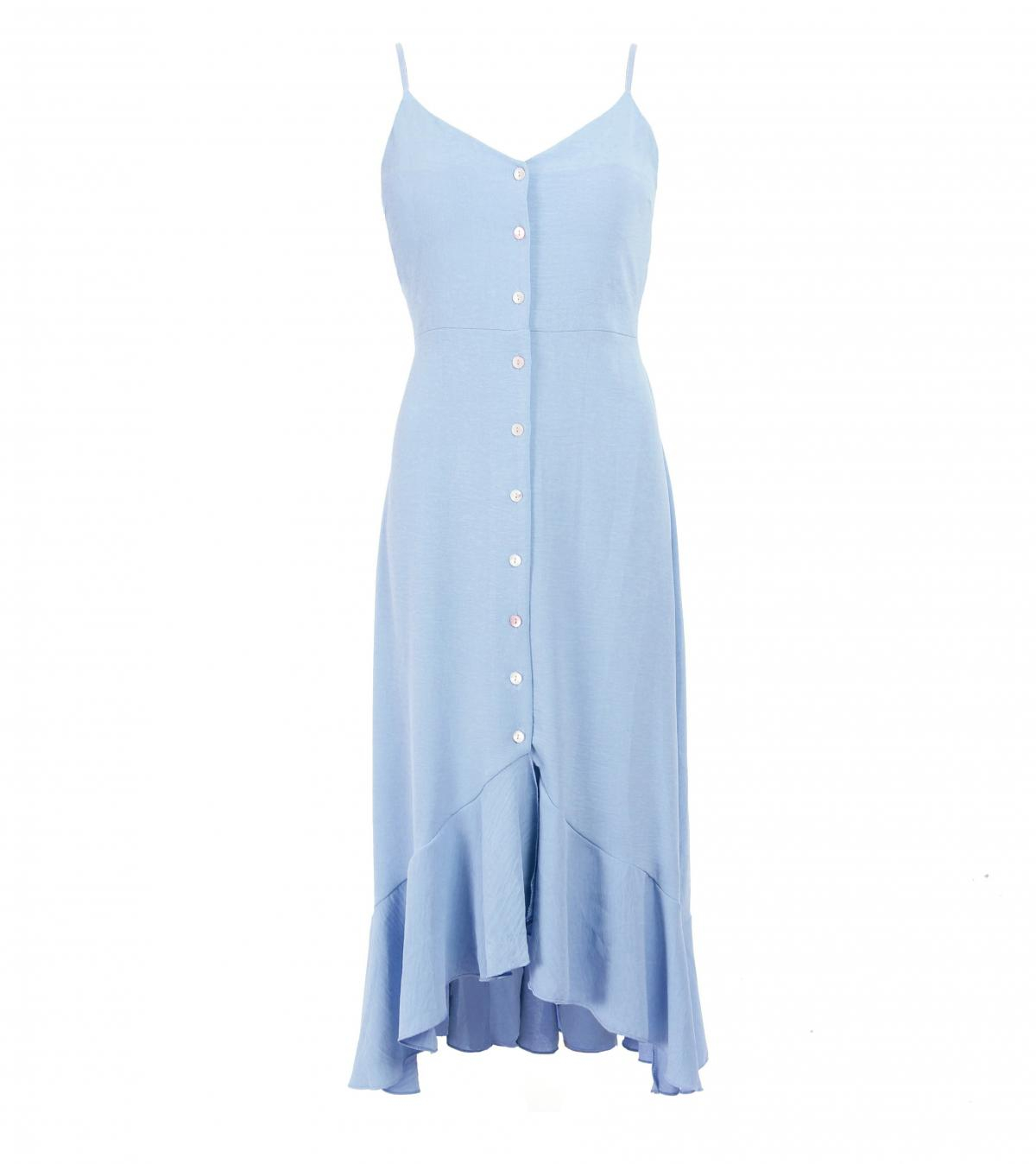 Blue Button Through Dip Hem Dress