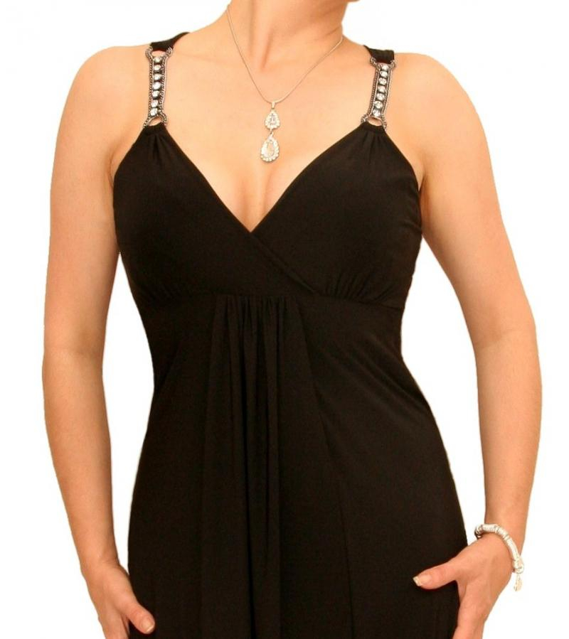 Black Diamante Strap Long Evening Dress