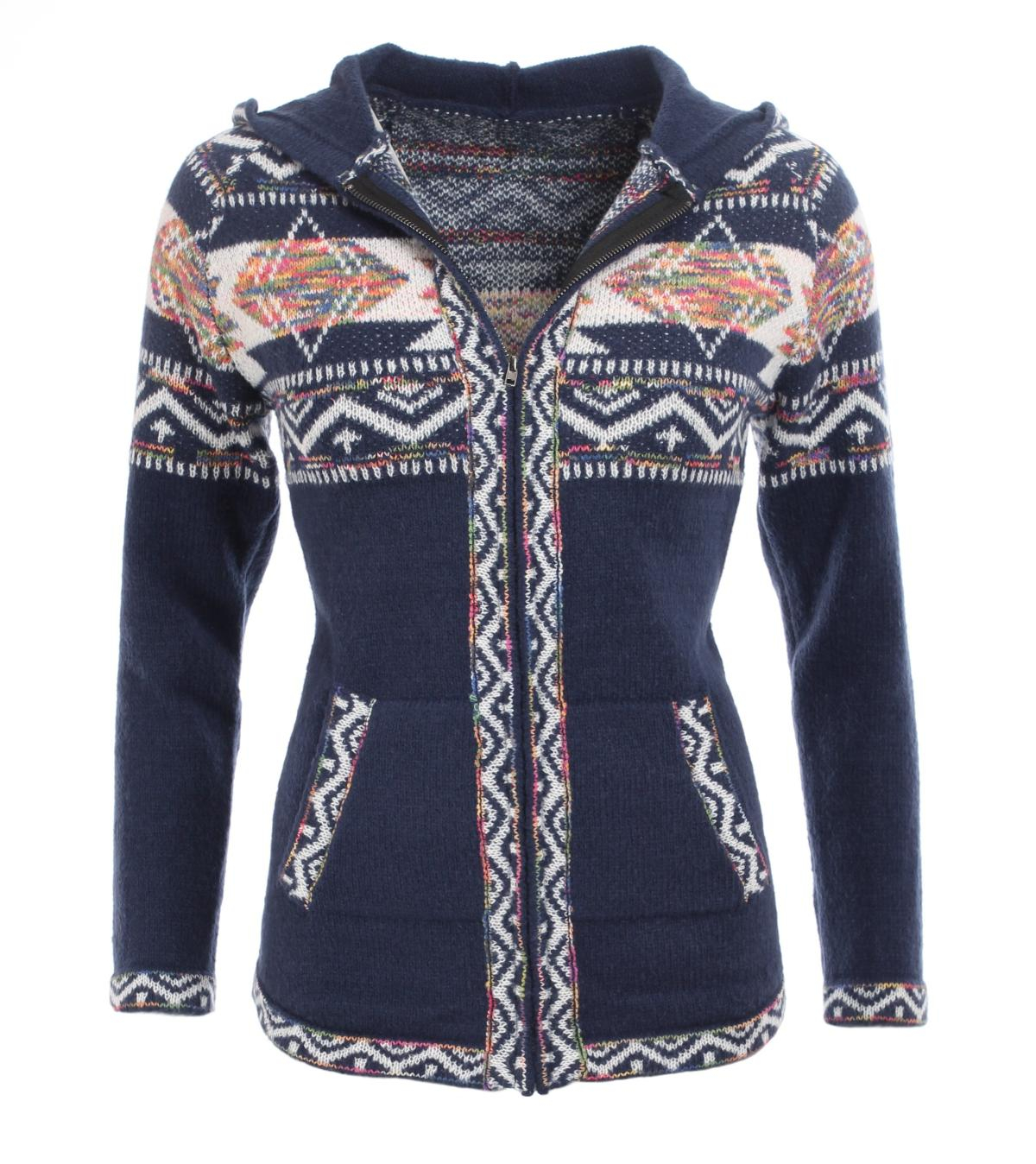 Navy Blue Aztec Zip up Hooded Cardigan