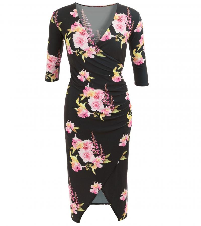 Black and Pink Floral Mock Wrap Dress