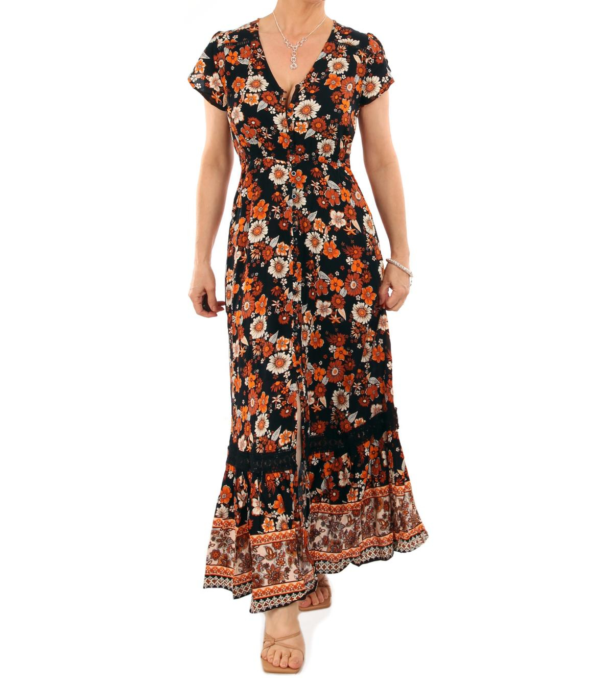 Orange Border Print Button Through Maxi Dress