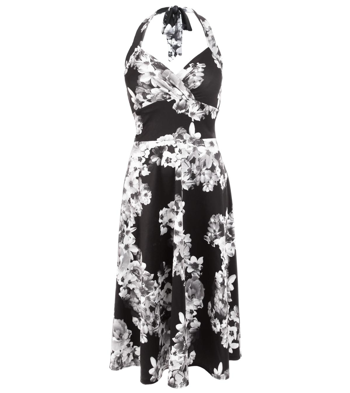 Black and White Floral Halter Neck Dress