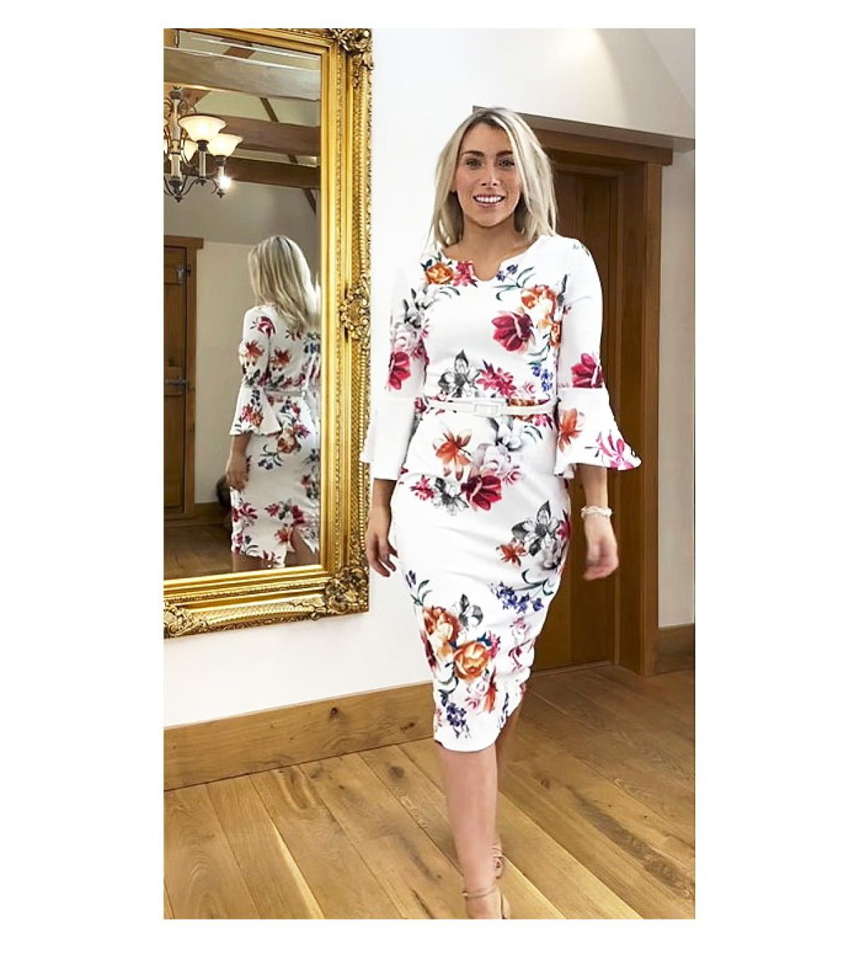 Ivory Floral Bell Sleeve Pencil Dress
