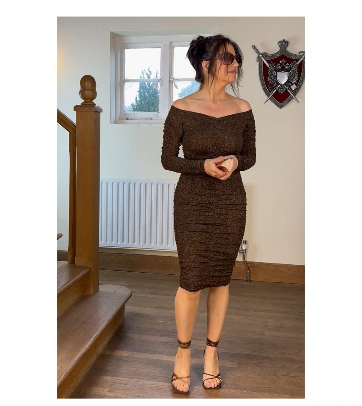 Bronze Sparkle Off the Shoulder Ruched Dress