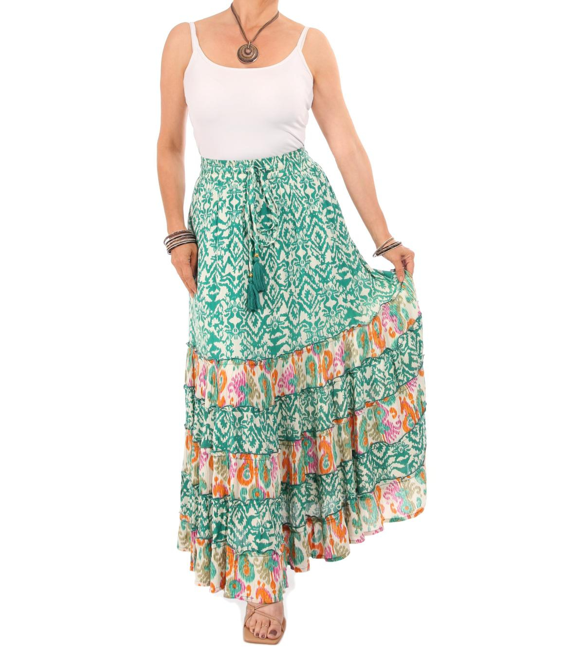 Green and Ivory Paisley Tiered Maxi Skirt