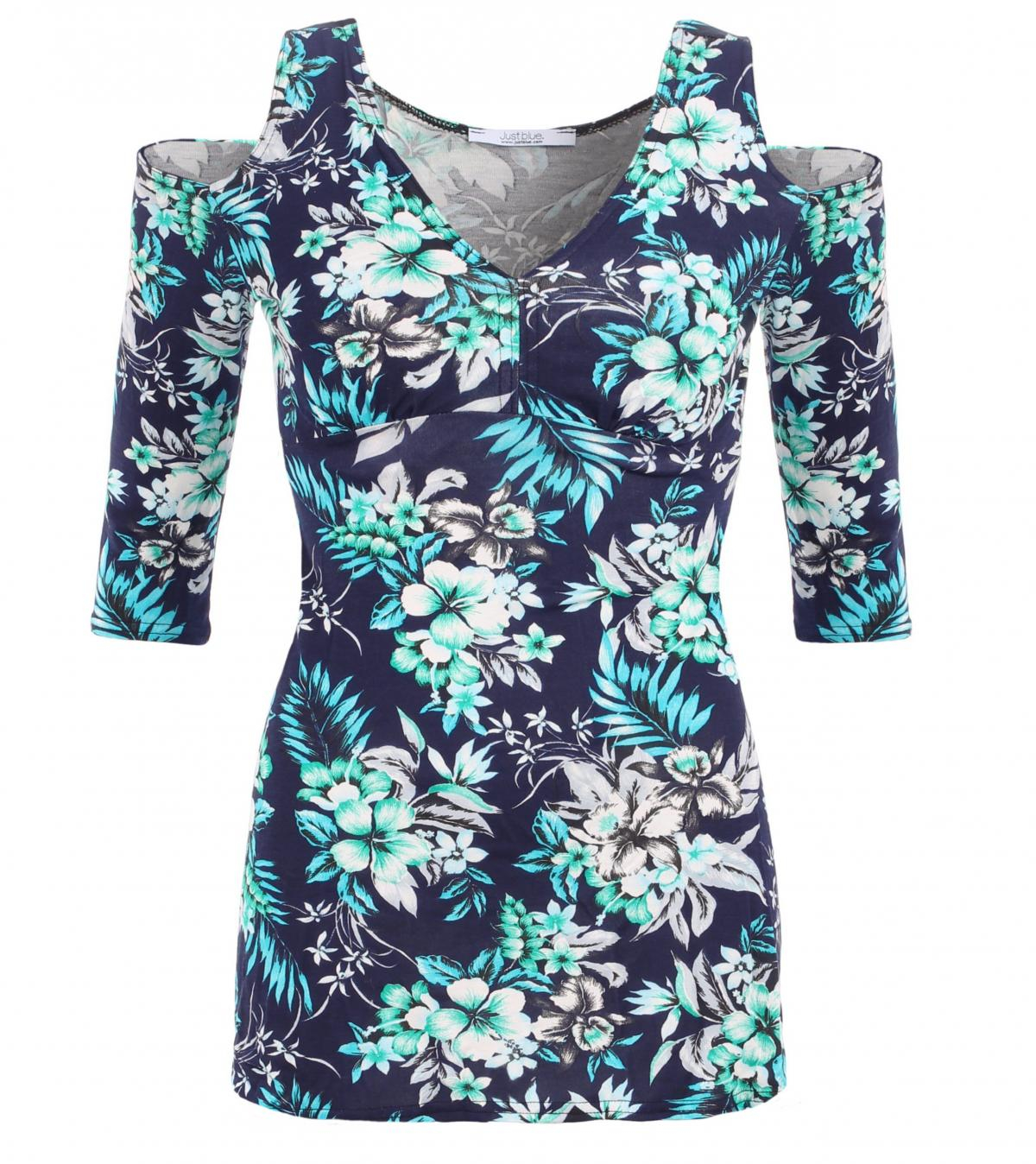 Navy and Turquoise Floral Cold Shoulder Top