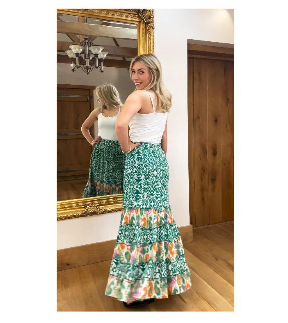 Green and Ivory Paisley Tiered Maxi Skirt