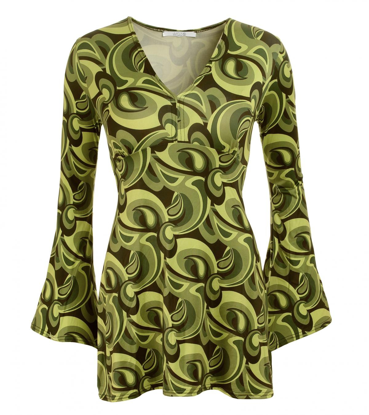 Green Retro Print Bell Sleeve Tunic Top